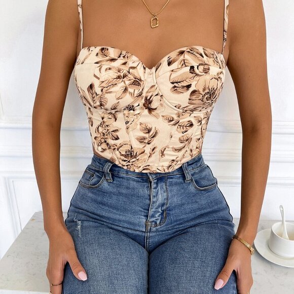 Multicolor Boho Women's Floral Print Lace Up Back Crop Cami Top - Picture 6 of 6